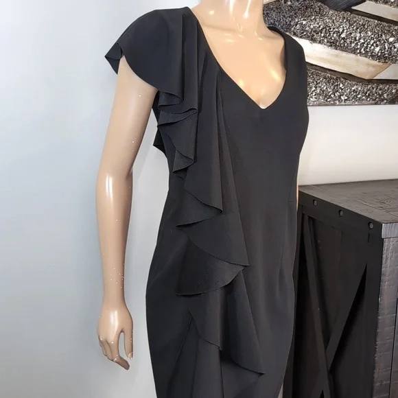 Bailey Ruffle V-Neck Sheath Dress Draped Asymmetric Black Womens Size Medium - Picture 3 of 14
